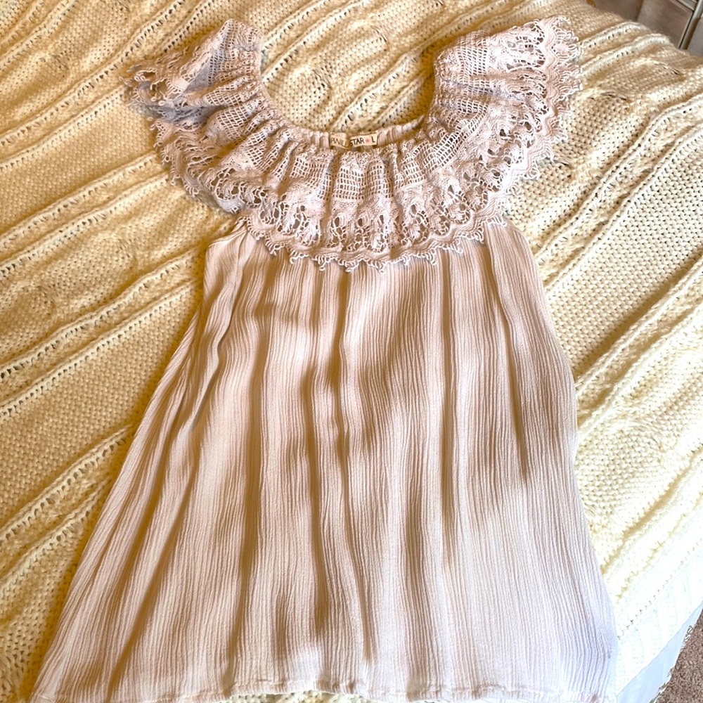 Juniors large crochet lace and gauze like off shoulder top